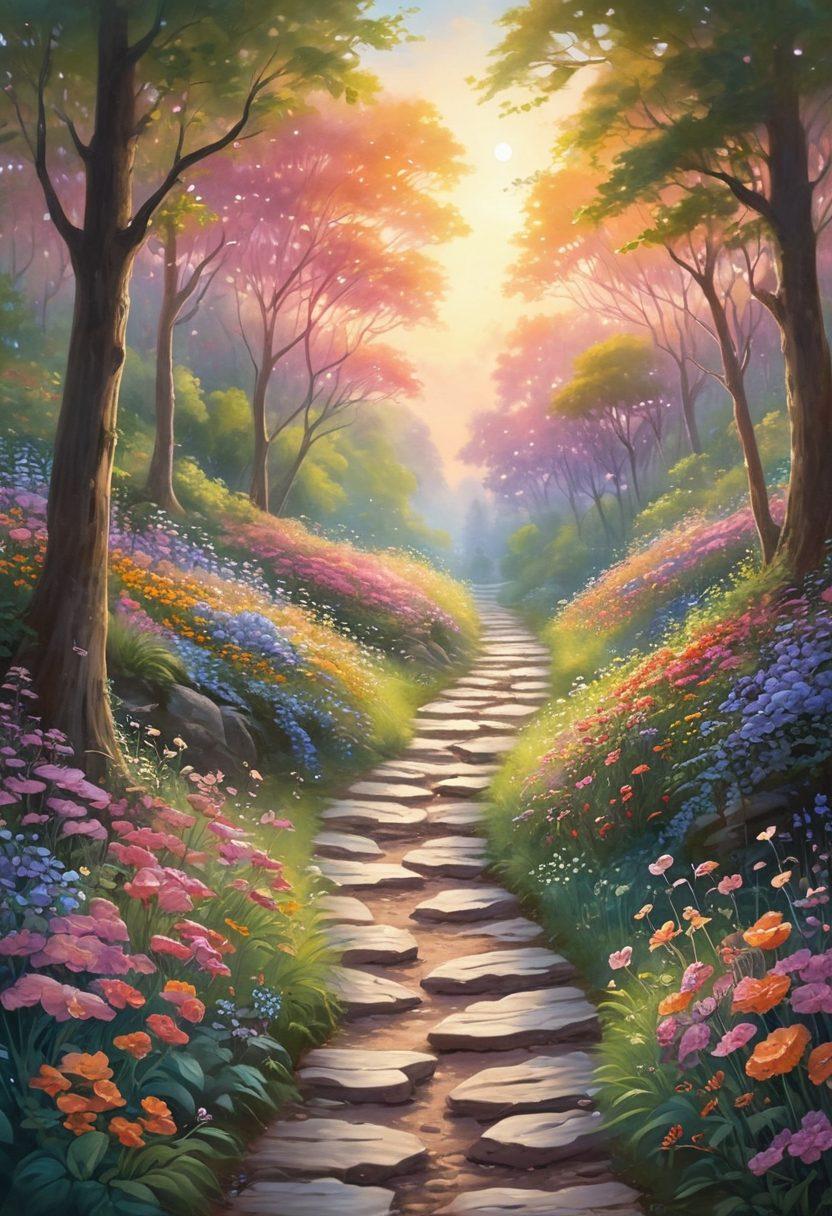 A whimsical landscape featuring a winding path through a lush, enchanted forest, adorned with glowing hearts and cascading flowers. Along the path, couples of diverse backgrounds share tender moments, embodying romance and passion. The sky is painted in soft pastel hues of sunset, creating an ethereal atmosphere. Include elements of magic, like sparkling lights and gentle breezes that animate the scene. dreamy painting. vibrant colors.