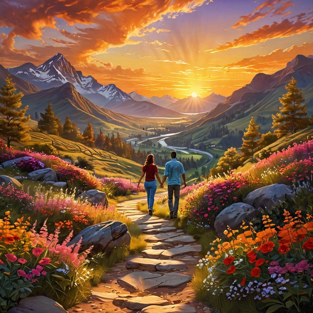 A serene landscape depicting a winding path towards a radiant sunset, with couples holding hands and walking together. The foreground features vibrant flowers symbolizing love and devotion, while a soft golden light bathes the scene in warmth. In the distance, a mountain range represents the journey ahead. super-realistic. vibrant colors. 3D.