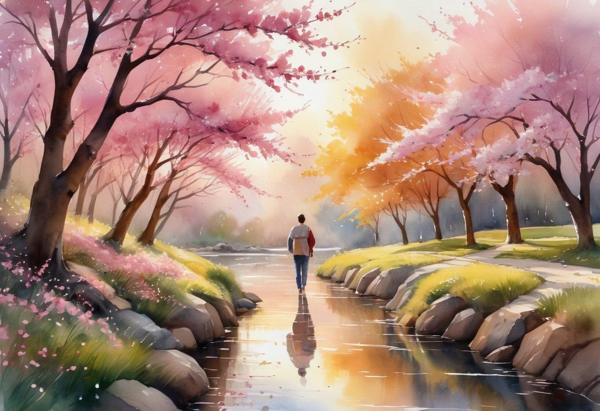 A winding path through a serene landscape, where a couple strolls hand-in-hand beneath a canopy of blooming cherry blossom trees. The sun sets in the background, casting a warm golden glow on the scene, with soft petals drifting around them, symbolizing love and tenderness. The couple's expressions reflect joy and connection, wearing casual yet stylish clothing. A gentle river flows nearby, adding to the romantic ambiance. watercolor painting. vibrant colors. dreamy atmosphere.